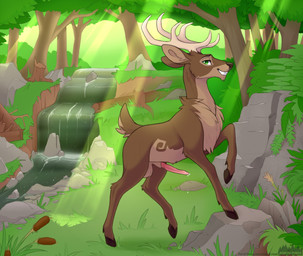 anatomically_correct anatomically_correct_genitalia anatomically_correct_penis animal_genitalia animal_penis antlers balls bodily_fluids brown_body brown_fur cervine_genitalia cervine_penis detailed_background erection feral forest fur genital_fluids genitals grass green_eyes hooves horn male outside penis plant precum rock solo standing text tree unguligrade water loimu deer mammal 2019