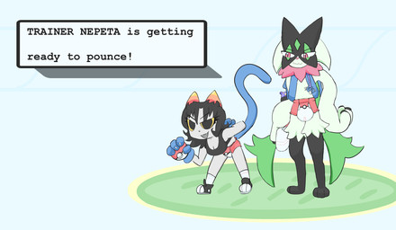 ageplay ambiguous_gender anthro backpack caregiving clean_diaper clothed clothing diaper digitigrade duo female female/female gloves handwear horn pacifier pacifier_clip paw_gloves pokeball pokeball_diaper pokeball_print roleplay simple_background sippy_cup tail text text_box wearing_diaper fluff_pampz homestuck ms_paint_adventures nintendo pokemon nepeta_leijon pokemon_trainer alien generation_9_pokemon humanoid meowscarada pokemon_(species) troll_(homestuck) absurd_res crossover english_text hi_res