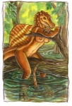 anthro breasts detailed_background female forest genitals looking_at_viewer nature nipples non-mammal_breasts on_log outside plant pose pussy side_view solo tail tree water caribou_(artist) neitha dinosaur prehistoric_species reptile scalie spinosaurid spinosaurus theropod pinup portrait three-quarter_portrait traditional_media_(artwork)