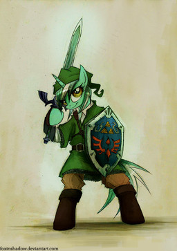 anthro anthrofied clothed clothing female fully_clothed hair hat headgear headwear horn hylian_shield master_sword melee_weapon multicolored_hair parody shield simple_background solo sword text two_tone_hair weapon yellow_eyes foxinshadow friendship_is_magic hasbro my_little_pony mythology nintendo the_legend_of_zelda link lyra_heartstrings_(mlp) equid equine mammal mythological_creature mythological_equine unicorn crossover url
