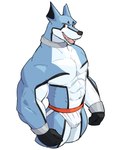 abs anthro big_muscles clothing collar countershading gloves handwear jockstrap male muscular muscular_anthro muscular_male navel open_mouth open_smile pecs simple_background smile solo standing teeth tongue underwear white_background jrjresq power_rangers doggie_kruger canid canine canis domestic_dog mammal 2022 hi_res