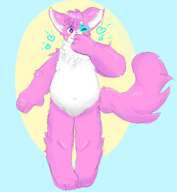 abstract_background anthro belly blue_background blue_body blue_fur blue_nose blush featureless_crotch femboy fluffy fluffy_tail fur heart_symbol male nude one_eye_closed pink_body pink_fur sharp_teeth simple_background slightly_chubby smile solo tail teeth white_belly white_body white_fur wink yellow_background nagiharau august_(meowmcmeow) domestic_cat felid feline felis mammal 2020 digital_media_(artwork) hi_res