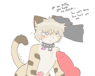 annoyed anthro bell bell_collar blush blushing_profusely bodily_fluids brown_ears brown_tail_tip collar cum curling_tail dialogue dipstick_tail dirty_talk dripping duo fellatio frown fur genital_fluids genitals hair head_grab headpat humiliation knot knotted_penis male male/male markings messy_hair oral penile penile_spines penis pink_nose pointy_ears precum precum_drip prick_ears questionable_consent scar sex speech_bubble spiked_collar spikes striped_body striped_fur stripes tail tail_markings kotnerv mythology abyssinian_cat canid canine domestic_cat felid feline felis mammal mythological_canine mythological_creature werecanid werecanine werecreature werewolf 5:4 hi_res