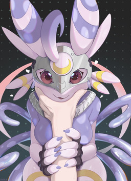 anthro armor blush breasts claws clothing crescent_moon duo female fingerless_gloves first_person_view forest gloves gloves_only grass hand_on_face handwear handwear_only heart_symbol long_nails looking_at_viewer mask moon mostly_nude multi_tail multicolored_body night pink_body pink_skin plant pov_hands red_eyes sky smile smiling_at_viewer tail thick_thighs tree laverne_3r bandai_namco digimon digimon_(species) human lagomorph lekismon leporid mammal rabbit 2025 hi_res signature