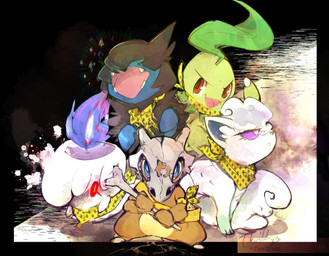 abstract_background ambiguous_gender black_body black_fur blue_body blue_eyes blue_fur bone bone_mask brown_body brown_eyes fangs feral fur glowing glowing_eyes green_body group kerchief looking_at_viewer mask neckerchief neckwear open_mouth open_smile purple_eyes red_eyes skull skull_mask smile teeth white_body white_fur thwillartz nintendo pokemon pokemon_mystery_dungeon spike_chunsoft alolan_form alolan_vulpix chikorita cubone deino generation_1_pokemon generation_2_pokemon generation_5_pokemon generation_7_pokemon litwick pokemon_(species) regional_form_(pokemon) 2023 hi_res signature watermark