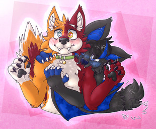 anthro bite collar duo male male/male markings piercing shoulder_bite star_(marking) wings declaredghost caninewine_devan joshua_myste bat canid canine canis mammal megabat vampire wolf hi_res