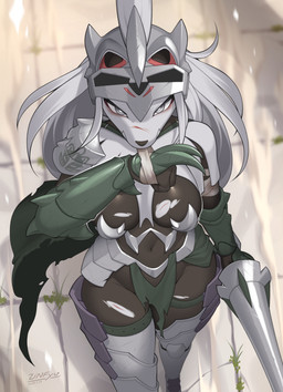 anthro armor breasts clothed clothing female fingers front_view fur grey_body grey_eyes grey_fur grey_hair hair headgear helmet high-angle_view holding_object holding_weapon lance looking_at_viewer melee_weapon navel polearm solo standing weapon zinfyu nintendo pokemon generation_7_pokemon legendary_pokemon pokemon_(species) silvally type_null 2024 absurd_res digital_media_(artwork) hi_res