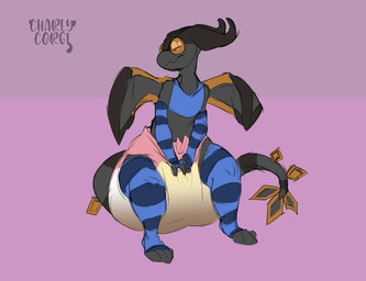 anthro arm_warmers armwear back_wings black_body black_tail black_wings blue_arm_warmers blue_armwear blue_clothing blue_legwear blue_thigh_highs bodily_fluids clothing diaper feces front_view genital_fluids legwear male markings multicolored_body multicolored_wings narrowed_eyes orange_body orange_wings pattern_arm_warmers pattern_armwear pattern_clothing pattern_legwear pattern_thigh_highs pink_background ring_(marking) ringed_tail simple_background sitting sitting_on_diaper soiled_diaper soiling solo striped_arm_warmers striped_armwear striped_clothing striped_legwear striped_markings striped_tail striped_thigh_highs stripes tail tail_markings thigh_highs unclean_diaper urine used_diaper wet_diaper wings charlycorgiboy innocentenough nintendo pokemon lupi_(innocentenough) flygon generation_3_pokemon pokemon_(species) hi_res