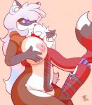 anthro big_breasts blue_eyes blush bottomless breasts bulge butt clothed clothing duo female femboy hoodie huge_breasts male male/female nipples panties piercing slightly_chubby squeezing topwear underwear twifoxy twi canid canine fox mammal procyonid raccoon aurora_(disambiguation) hi_res