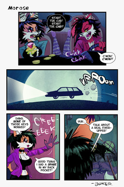 anthro black_bottomwear black_choker black_clothing black_eyeshadow black_hair black_jewelry black_lips black_necklace black_pants black_shirt black_speech_bubble black_tank_top black_topwear blue_clothing blue_jacket blue_topwear bottomwear car cheek_tuft choker clothing coin dialogue ear_piercing eyeshadow facial_tuft female fur gem gold_(metal) gold_coin group hair head_wings highlights_(coloring) industrial_piercing industrial_piercing_ladder inner_ear_fluff inside_car inside_vehicle jacket jewelry light lips long_sleeves makeup midriff moon moonlight necklace night orange_body orange_fur outside pants pearl_(gem) pearl_necklace piercing pink_highlights purple_body purple_clothing purple_fur purple_jacket purple_sclera purple_topwear red_body red_eyes red_fur red_trenchcoat sharp_teeth shirt station_wagon tank_top teeth text topwear tuft unusual_wing_placement upside_down vehicle vroom white_body white_fur wings yellow_eyes boker laura_derose maddy_(boker) mary_(boker) val_(boker) bat-eared_fox canid canine fox mammal 2:3 artist_name comic english_text signature