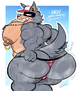 4_fingers anthro arm_tuft ball_bulge baseball_cap big_butt bodily_fluids bubble_butt butt clothed clothing dog_tags elbow_tuft exclamation_point fingers fur gold_piercing grey_body grey_fur hat headgear headwear looking_back male moon muscular muscular_anthro muscular_arms muscular_male nipple_piercing nipples notched_ear piercing pink_clothing pink_thong pink_underwear rear_view sharp_teeth solo sweat sweaty_body sweaty_butt tail teeth text text_on_clothing text_on_underwear thong topless topless_anthro tuft underwear vein veiny_muscles furryonline1 beastars legoshi_(beastars) canid canine canis mammal wolf 2025 digital_drawing_(artwork) digital_media_(artwork) english_description english_text hi_res spanish_text