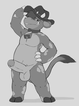 2_horns 3_fingers anthro balls bell bell_collar biped breath claw_fingers clothing cloven_hooves collar cowbell cowbell_collar cowboy_hat erection featureless_chest fingers foreskin front_view fur furgonomic_hat furgonomic_headwear furgonomics genitals glans half-closed_eyes hand_on_hip hand_on_own_hip hat headgear headwear hooves horn humanoid_genitalia humanoid_penis looking_down male male_anthro mostly_nude mostly_nude_anthro mostly_nude_male narrowed_eyes partially_retracted_foreskin penis simple_background smile smirk snout solo standing tail tail_tuft teeth tipping_hat tuft miau bovid bovine cattle mammal 2025 absurd_res greyscale hi_res monochrome