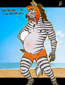 andromorph anthro beach beard bodily_fluids camel_toe clothing dialogue dreadlocks ear_piercing eyebrow_piercing facial_hair facial_piercing intersex navel nipple_piercing nipples piercing pregnant pregnant_andromorph pregnant_intersex scar solo stretch_marks sweat swimwear text rj_zenith rj_(rj_zenith) equid equine mammal zebra english_text hi_res