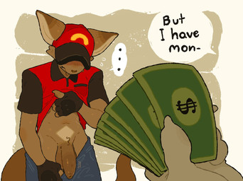 anthro balls banknote bottomwear bottomwear_down box brown_body brown_fur clothed clothing container darkened_balls darkened_genitalia darkened_penis delivery_(commerce) delivery_employee dialogue disembodied_hand fingerless_gloves flaccid food_delivery foreskin fur genitals gloves handwear hat headgear headwear humanoid_genitalia humanoid_penis male money pants pants_down partially_clothed penis prostitution speech_bubble text undressing unretracted_foreskin mawarisaka3 delivery_boy_(mawarisaka3) kangaroo macropod mammal marsupial english_text