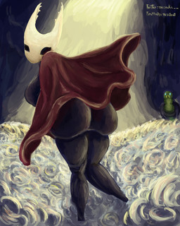 anthro big_breasts big_butt black_body black_eyes breasts butt cloak cloak_only clothing empty_eyes featureless_feet feet female looking_at_viewer looking_back looking_back_at_viewer rear_view red_cloak red_clothing solo white_body mayateat hollow_knight_(franchise) team_cherry hornet_(hollow_knight) arthropod insect hi_res