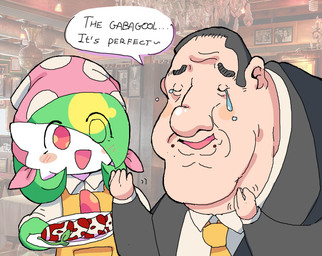 apron bodily_fluids clothed clothing duo female food hair hair_over_eye holding_tray kerchief male open_mouth open_smile photo_background smile tears melfunnysmell nintendo pokemon the_sopranos gaba_(melfunnysmell) tony_soprano gardevoir generation_3_pokemon human humanoid mammal pokemon_(species) hi_res mixed_media photography_(artwork)