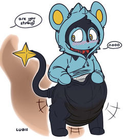 ambiguous_gender anthro big_diaper black_tail blush blush_lines bottomwear bottomwear_pull clothed clothing clothing_pull collar costume dialogue diaper diaper_under_clothing drawstring_hoodie feces fur hoodie huge_diaper looking_back multicolored_body multicolored_fur offscreen_character open_mouth pants pants_pull pokemon_costume simple_background soiled_diaper soiling solo speech_bubble standing stink_fumes tail text topwear two_tone_body two_tone_fur unclean_diaper used_diaper wearing_diaper white_background ludis-luteo third-party_edit nintendo pokemon generation_4_pokemon luxio pokemon_(species) shinx absurd_res hi_res