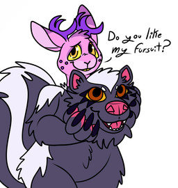 anthro antlers clothing costume freckled_face freckles fur fursuit_head fursuiting horn pink_body pink_fur skunk_tail text tuft yellow_eyes yellow_sclera bardo_en_krisis jackalope lagomorph leporid mammal mephitid rabbit skunk absurd_res hi_res
