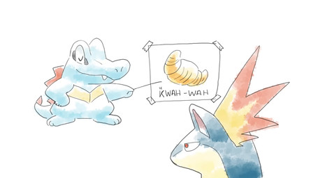 ambiguous_gender countershade_face countershade_torso countershading duo feral humor open_mouth open_smile sharp_teeth smile tail teeth text trash_can dahecksajerry nintendo pokemon chikorita crocodilian generation_2_pokemon pokemon_(species) quilava reptile scalie totodile 16:9 animated english_text hi_res short_playtime sound video widescreen