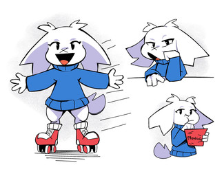 4_fingers ambiguous_gender anthro black_eyes blue_clothing blue_sweater blue_topwear bottomless clothed clothing eating eating_chips eating_food eyelashes facial_scar fingers food footwear front_view fur hair hand_on_cheek holding_food holding_object looking_at_viewer motion_lines narrowed_eyes open_mouth open_smile quad_skates roller_skates scar scut_tail short_tail smile solo sweater tail topwear white_body white_fur white_hair x_scar cloudidoodles cave_story sue_sakamoto lagomorph mammal mimiga 2024 absurd_res hi_res multiple_images widescreen female_(lore)