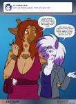 2019 anthro ask_blog blue_eyes blush bracelet breast_size_difference breasts brown_eyes brown_hair cleavage clothed clothing conditional_dnp dialogue diamond_(kadath) digital_media_(artwork) dress duo ear_piercing english_text equid equine female giraffe giraffid hair hand_on_hip jacket jewelry kadath mammal necklace piercing puzzle_(kadath) text topwear url zebra