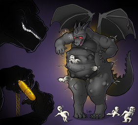 4_toes 5_fingers abstract_background ambiguous_gender annoyed anthro belly big_belly big_butt black_body black_scales body_horror bursting butt claws distressed dragon_tail dragon_wings duo feet fingers grin horror_(theme) imminent_death implied_popping jewelry looking_at_another looking_back male obese obese_anthro obese_male overweight overweight_anthro overweight_male parasite parasite_transfer pendant red_eyes scales scared science_fiction smile standing tail toes transformation wide_hips wings epicurean_delights british_broadcasting_corporation doctor_who european_mythology mythology adipose_(doctor_who) alien dragon mythological_creature mythological_scalie scalie unidentified_species western_dragon