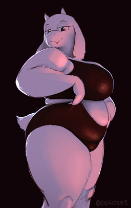 anthro bedroom_eyes belly big_breasts big_butt black_background black_bra black_clothing black_panties black_underwear bra breast_overflow breasts butt clothed clothing clothing_pull curvy_figure fangs female floppy_ears fur horn looking_at_viewer lop_ears love_handles mature_anthro mature_female narrowed_eyes overweight overweight_anthro overweight_female panties panty_pull scut_tail seductive short_tail side_view simple_background slightly_chubby slightly_chubby_anthro slightly_chubby_female smile smiling_at_viewer solo tail teeth text thick_thighs underwear underwear_only underwear_pull voluptuous voluptuous_anthro voluptuous_female white_body white_fur wide_hips de4dset undertale_(series) toriel bovid caprine goat mammal 2025 artist_name hi_res portrait three-quarter_portrait