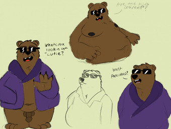 anthro balls belly big_belly bottomless chest_tuft claws clothed clothing eyewear finger_claws genitals head_tuft male moobs navel nipples nude open_clothing open_mouth open_robe overweight overweight_anthro overweight_male penis robe robe_only simple_background smile smiling_at_viewer solo standing sunglasses talking_to_viewer teeth_showing text tuft sebboh frank_(infinity_train) bear mammal colored_sketch english_text sketch