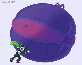 ambiguous_gender anthro belly belly_expansion big_belly big_cheeks black_body black_inner_ear black_nose black_tail blueberry_inflation body_inflation bottomwear cheek_expansion claws clothing duo expansion green_claws green_clothing green_ears green_headwear headgear headwear heterochromia huge_belly hyper hyper_belly hyper_inflation immobile inflation looking_back multicolored_body pants pink_eyes purple_body purple_bottomwear purple_clothing purple_ears purple_eyes purple_pants purple_shirt purple_topwear purple_tracksuit red_eyes rolling rolling_another round_body scut_tail shirt short_tail simple_background smile spherical_inflation sunken_limbs swollen_cheeks tail text three-quarter_view tight_clothing topwear tracksuit two_tone_body white_background white_body jackiesquirrel palworld pocketpair bear dupin_(pal) giant_panda lagomorph leafan_(pal) leporid mammal pal_(species) rabbit 2026 artist_name colored digital_media_(artwork) hi_res shaded