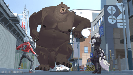 4_toes 5_fingers anthro claws extreme_size_difference feet fingers genitals group larger_anthro larger_male looming looming_penis macro male male/male nude nude_anthro paws penis size_difference smaller_anthro smaller_humanoid smaller_male toes trio underpaw gettingrabbed mihoyo zenless_zone_zero ben_bigger billy_kid von_lycaon bear canid canine humanoid mammal 16:9 hi_res widescreen