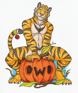 accessory animal_genitalia anthro athletic athletic_anthro athletic_male balls bell brown_claws cheek_tuft claws facial_tuft finger_claws food front_view fruit fur furgonomics genitals green_eyes head_tuft looking_at_viewer male male_anthro nude plant pumpkin sheath simple_background sitting smile solo striped_arms striped_body striped_fur striped_legs stripes tail tail_accessory tail_bell toe_claws tuft white_balls white_body white_fur white_sheath yellow_body yellow_fur hufnaar ulbrek felid mammal pantherine tiger 2018 dated hi_res