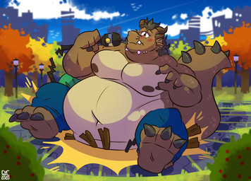 anthro belly belly_overhang big_belly biped blurred_background bottomwear brown_body brown_hair claws clothed clothing detailed_background finger_claws glistening glistening_hair glistening_horn hair horn male nipples outside overweight overweight_anthro overweight_male pants plant solo street_lamp tail toe_claws topless tree year syc mythology dragon mythological_creature mythological_scalie scalie 2020 absurd_res dated digital_drawing_(artwork) digital_media_(artwork) hi_res shaded signature