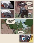 anthro black_eye_(injury) blood blue_eyes bodily_fluids bruised forest fur grey_body grey_fur hair hurt_expression male plant sitting solo surprised_expression text tree waking_up white_hair wounded 60percentscalie vauruk avian bat bird mammal 4:5 comic english_text hi_res