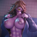 abs anthro areola big_breasts breasts brown_hair clothed clothing female front_view glistening glistening_abs glistening_areola glistening_body glistening_breasts glistening_hands glistening_nipples glistening_skin hair hair_over_eyes huge_breasts jacket muscular muscular_anthro muscular_female nipples non-mammal_breasts non-mammal_nipples open_clothing open_jacket open_topwear partially_clothed purple_body purple_scales scales sharp_teeth solo teeth topwear yellow_teeth vensaku samzan_(modeler) deltarune undertale_(series) susie_(deltarune) reptile scalie 1:1 3d_(artwork) digital_media_(artwork) hi_res