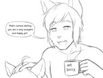 anthro container cup dialogue duo female hair male simple_background solo_focus text young young_anthro vermelhatan lion_(vermelhatan) shiny_(vermelhatan) canid canine fox mammal 4:3 english_text monochrome