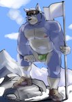 anthro belly black_nose blue_body briefs bulge clothed clothing cloud detailed_bulge flag flag_(object) footwear hiking holding_flag holding_object humanoid_hands kemono male moobs mountain nipples outside overweight overweight_male shoes ski_goggles socks solo topless underwear underwear_only white_body ujishiyo canid canine canis domestic_dog mammal 2021 hi_res