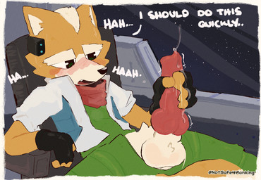 animal_genitalia animal_penis anthro balls big_penis blush bodily_fluids canine_genitalia canine_penis clothing cum duo erection fur genital_fluids genitals knot male masturbation penetration penis precum sex simple_background solo tail text notsafeforwanking nintendo star_fox fox_mccloud canid canine canis fox mammal wolf digital_media_(artwork) english_text hi_res