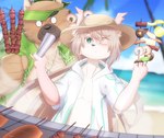 anthro beach brown_body brown_fur brown_hair clothing cooking duo femboy food fur grill hair hat headgear headwear long_hair male meat pink_body pink_fur seaside skewer straw_hat swimwear sora_idiotka lifewonders tokyo_afterschool_summoners tanetomo_(tas) yasuyori_(tas) canid canine canis domestic_dog mammal hi_res