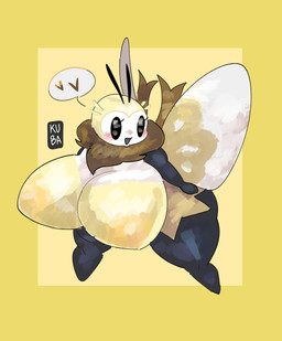 anthro big_breasts blush breasts featureless_breasts female heart_symbol huge_breasts multicolored_body neck_tuft nude open_mouth solo speech_bubble thick_thighs tuft wings kubasama nintendo pokemon arthropod generation_7_pokemon pokemon_(species) ribombee hi_res