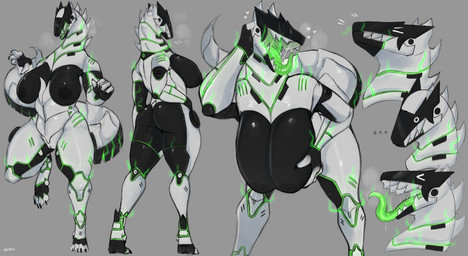 anthro big_breasts biped black_body breasts breath butt female genitals green_body green_tongue grey_background heart_symbol long_tongue machine multicolored_body nipples open_mouth sharp_teeth simple_background smile solo tail teeth thick_thighs tongue tongue_out vulva white_body wide_eyed lvlirror thera_bytes android robot synth_(vader-san) 2022 absurd_res digital_media_(artwork) hi_res