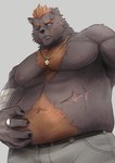 anthro belly belly_hair belly_overhang belt body_hair brown_body brown_fur chest_hair fur hair jewelry male musclegut muscular navel necklace pecs red_hair ring scar shirtless solo itsumi28593 lifewonders tokyo_afterschool_summoners barguest_(tas) bear mammal