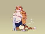 anthro belly blush bottomwear butt clothing countershading duo heart_symbol hug humanoid_hands male moobs nipples overweight overweight_male shorts text merfiller nekojishi studio_klondike lin_hu felid mammal pantherine tiger 2019 hi_res