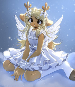 anthro antlers black_eyes blonde_hair bow_ribbon brown_body brown_fur buckteeth clothing cloven_hooves dress eyebrows eyelashes fake_wings female freckled_face freckled_shoulders freckles fur hair hooves horn kneeling legwear looking_at_viewer solo tail teeth bunsidhe deltarune undertale_(series) noelle_holiday cervine deer mammal 2025 hi_res signature