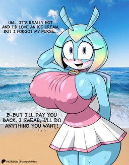 antennae_(anatomy) anthro big_breasts black_nose blue_antennae blue_body blue_eyes blue_skin blush blush_lines bodily_fluids bottomwear breasts clothing countershading female hair huge_breasts nipple_outline open_mouth open_smile pink_tongue pupils shirt short_hair skirt smile stock_image_background sweat sweaty_body sweaty_breasts sweaty_legs sweaty_thighs thick_thighs tongue topwear white_body white_countershading wide_hips flashpointgear idw_publishing sega sonic_the_hedgehog_(comics) sonic_the_hedgehog_(idw) sonic_the_hedgehog_(series) jewel_the_beetle arthropod beetle insect absurd_res hi_res