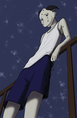 2_horns anthro biped black_eyes black_horn blue_bottomwear blue_clothing blue_shorts bottomwear clothed clothed_anthro clothed_male clothing curved_horn fully_clothed fully_clothed_anthro fully_clothed_male fur horn leaning leaning_backward leaning_on_railing looking_down low-angle_view male male_anthro night outside pink_inner_ear pose shirt short_tail shorts skinny skinny_anthro skinny_male smile solo standing star tail tank_top topwear white_body white_clothing white_ears white_fur white_shirt white_tail white_tank_top white_topwear vdrebi henry_goatett(ldah) bovid caprine goat mammal hi_res