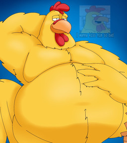 anthro blue_background feathers hand_behind_head hand_on_belly male moobs morbidly_obese obese overweight pose simple_background solo yellow_body yellow_feathers pt80s0up family_guy ernie_the_giant_chicken avian bird chicken galliform phasianid hi_res