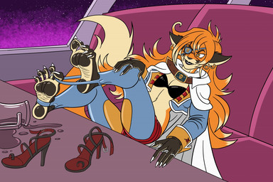 anthro blue_clothing bra cape chair claws clothing ear_piercing ear_ring eye_patch eyewear feet female foot_focus fur furniture hair jolly_roger leaning leaning_backward legwear long_hair midriff multicolored_hair on_chair orange_body orange_fur orange_hair pawpads piercing pirate_outfit plantigrade restaurant ring_piercing sandals_removed sitting sitting_on_chair solo space_pirate spilled_drink stirrup_legwear stirrup_stockings stockings tail toe_claws underwear misstrashcat hardspeed elza_starline canid canine fox mammal flat_colors