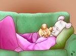 anthro bedding blanket brown_background clothing duo female fur furniture green_sofa grey_body grey_fur on_sofa pajamas pink_blanket pink_nose pink_pajamas simple_background sleeping sofa tan_body tan_fur young young_anthro orangetabby106 mammal mouse murid murine rodent 2020 story_at_source