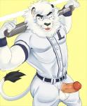 anthro balls bat_(object) biceps biped clothed clothing erection fur genitals hair humanoid_genitalia humanoid_penis looking_at_viewer male mane mascot muscular muscular_anthro muscular_male penis penis_poking_out penis_through_fly simple_background smile solo tongue vein veiny_penis whiskers white_body white_fur white_hair beastsauc3 nippon_professional_baseball saitama_seibu_lions leo_(saitama_seibu_lions) felid lion mammal pantherine 2019 digital_media_(artwork) hi_res