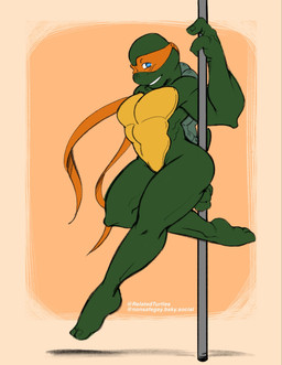 anthro blush dancing feet fingers green_body looking_at_viewer male mask pole pole_dancing shell simple_background smile solo tail toes relatedturtles teenage_mutant_ninja_turtles michelangelo_(tmnt) reptile scalie turtle digital_media_(artwork) hi_res